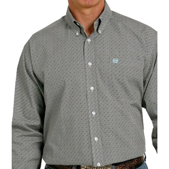 Cinch Men's Sz M Classic Fit Walter LS Dress Shirt‎ Gray Geometric 100% Cotton - Picture 1 of 15